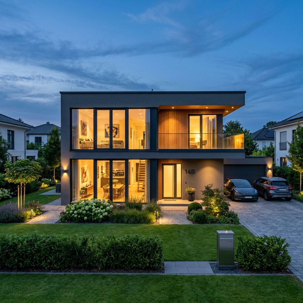 Hochwertiges Wohnhaus in der Abenddämmerung