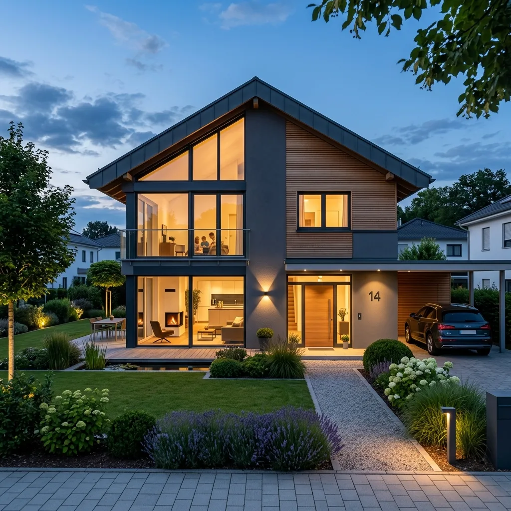 Verkauf – modernes Einfamilienhaus am Abend