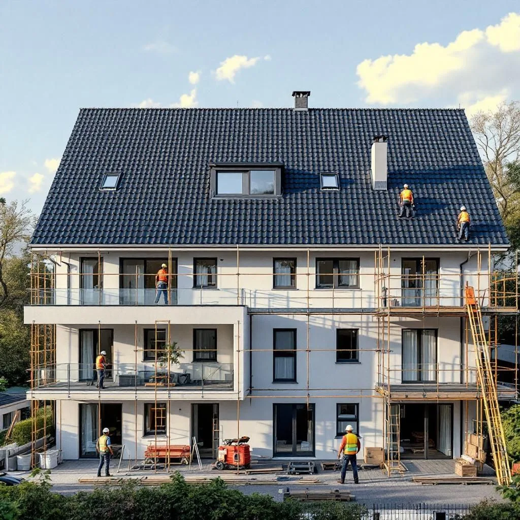 Mehrfamilienhaus mit Handwerkern bei der Objektbetreuung